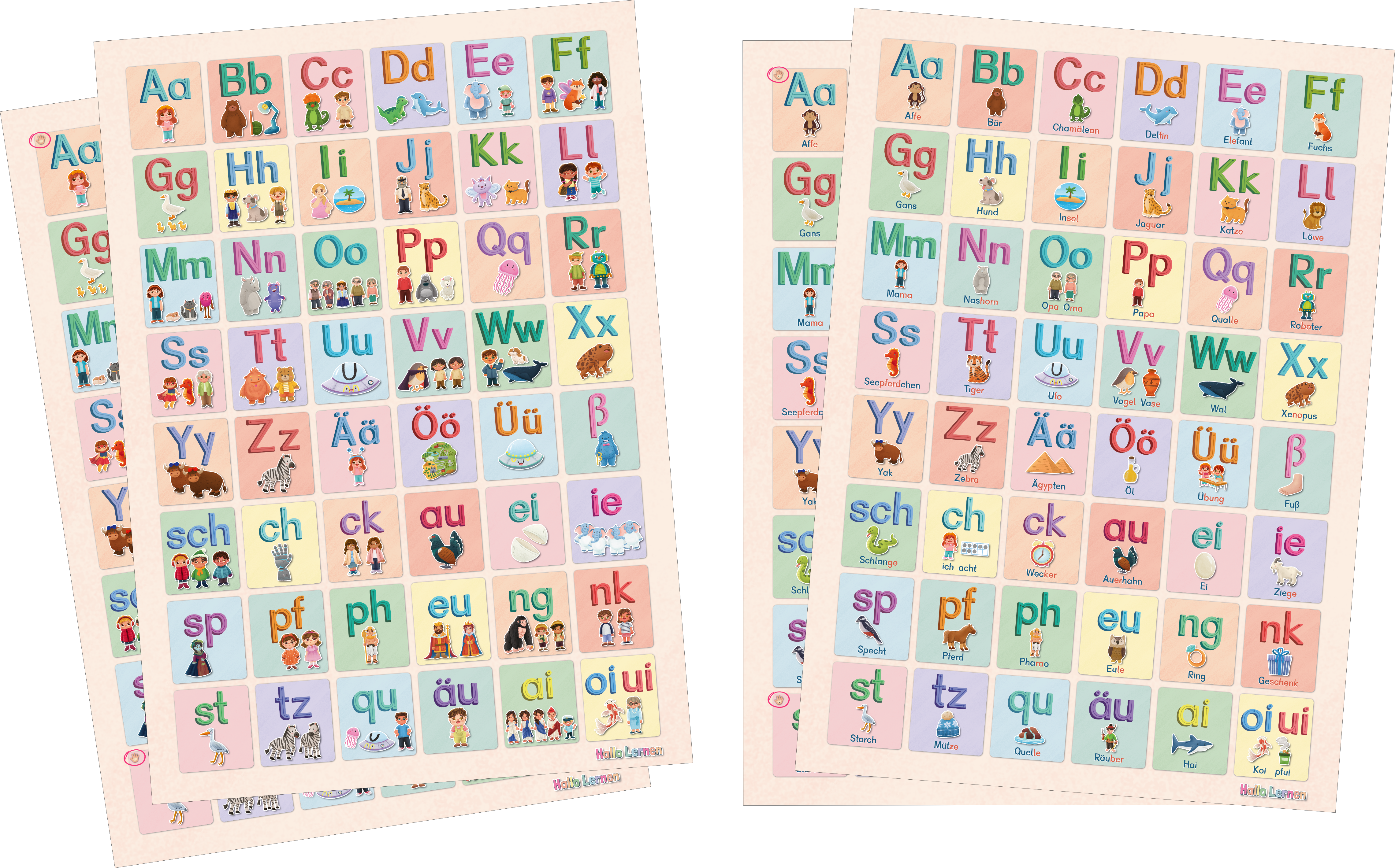 Buchstabenplakate in DIN A1. Auf der Rückseite ist jeweils die Variante für linkshändige Kinder abgebildet