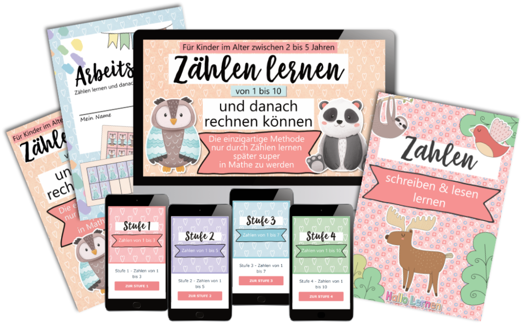 Bundle: Onlinekurs "Zählen lernen und danach rechnen können" (inkl. Arbeitsheft+Anleitung) und E-Book "Zahlen lesen und schreiben lernen" | Hallo Lernen