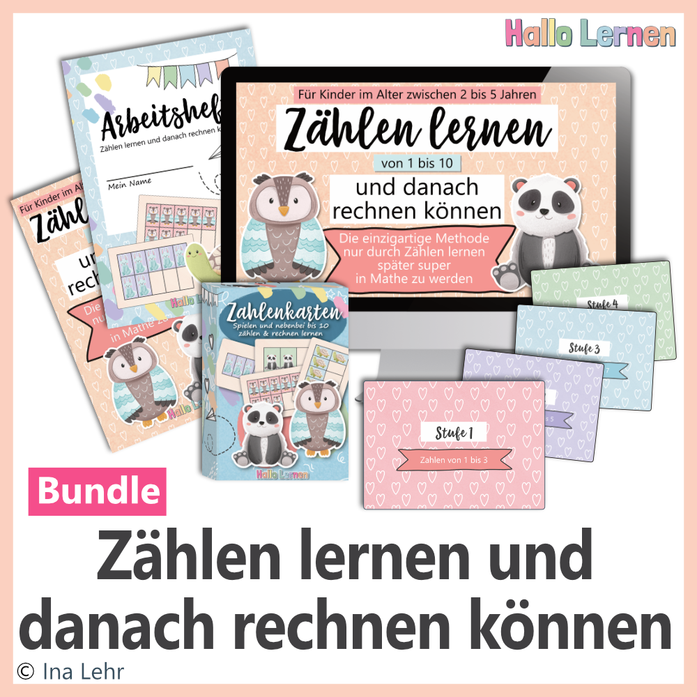 Zählen-Lern-Bundle: Onlinekurs + Material (Anleitung, Arbeitsheft, Zahlenkarten) | Hallo Lernen