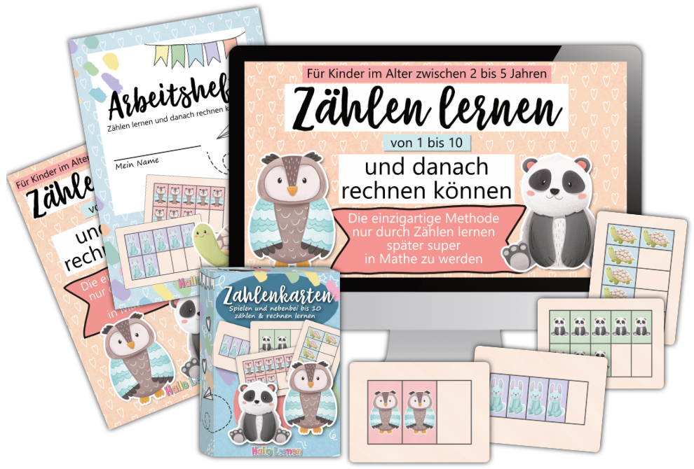 Bundle: Onlinekurs "Zählen lernen und danach rechnen können" + Zahlenkarten + Anleitung + Arbeitsheft | Hallo Lernen